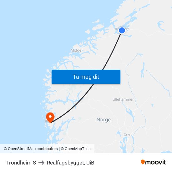 Trondheim S to Realfagsbygget, UiB map