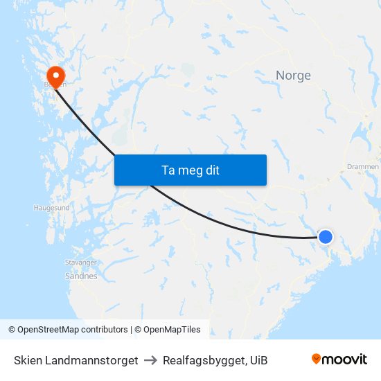 Skien Landmannstorget to Realfagsbygget, UiB map