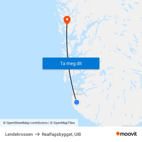 Lendekrossen to Realfagsbygget, UiB map