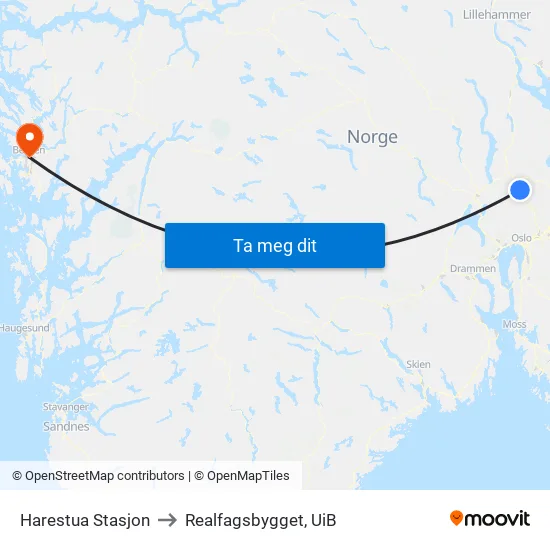 Harestua Stasjon to Realfagsbygget, UiB map