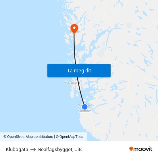 Klubbgata to Realfagsbygget, UiB map