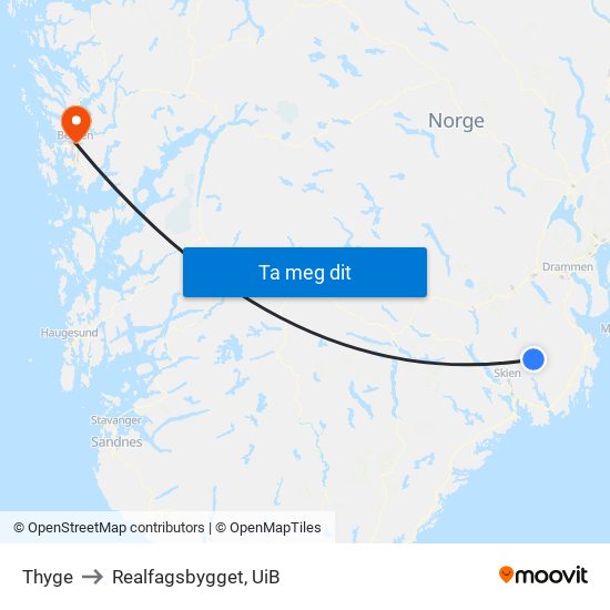 Thyge to Realfagsbygget, UiB map