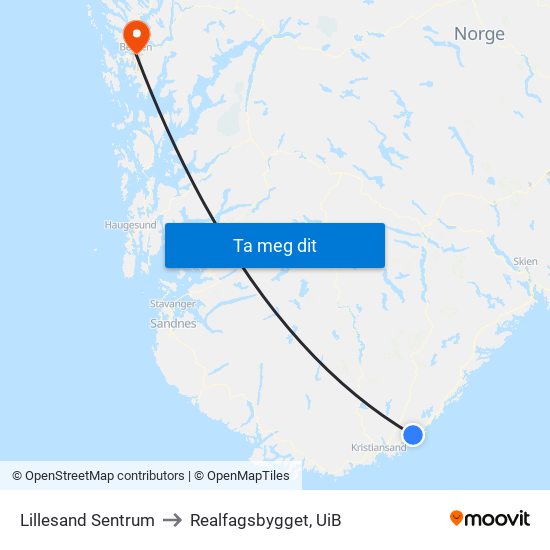 Lillesand Sentrum to Realfagsbygget, UiB map