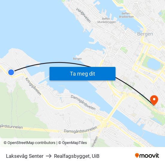 Laksevåg Senter to Realfagsbygget, UiB map