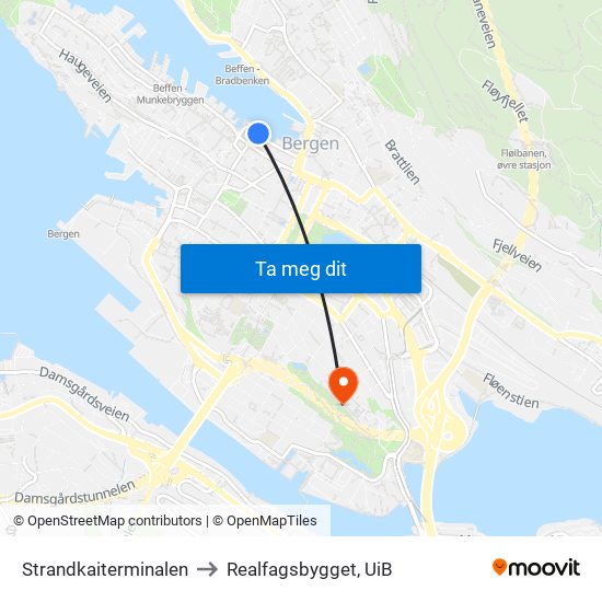 Strandkaiterminalen to Realfagsbygget, UiB map