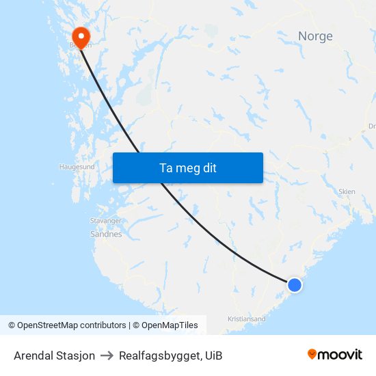 Arendal Stasjon to Realfagsbygget, UiB map