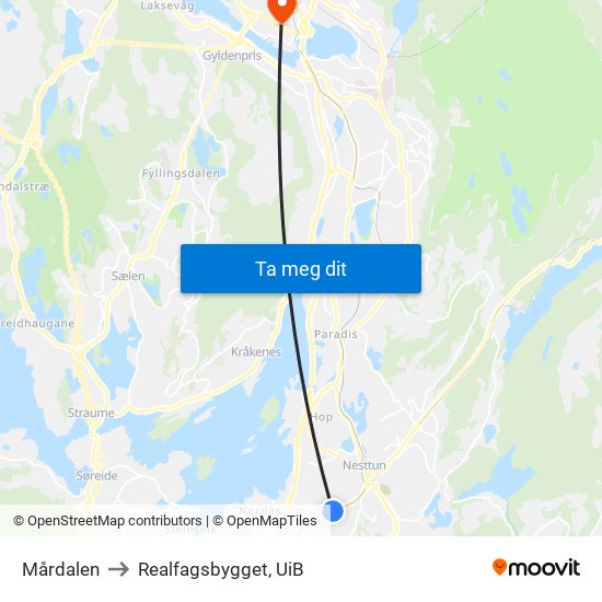 Mårdalen to Realfagsbygget, UiB map