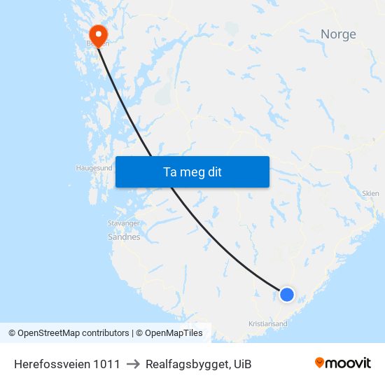 Herefossveien 1011 to Realfagsbygget, UiB map