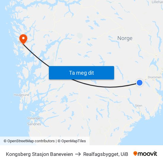Kongsberg Stasjon Baneveien to Realfagsbygget, UiB map