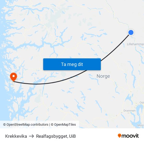 Krekkevika to Realfagsbygget, UiB map