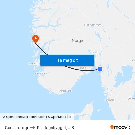 Gunnarstorp to Realfagsbygget, UiB map