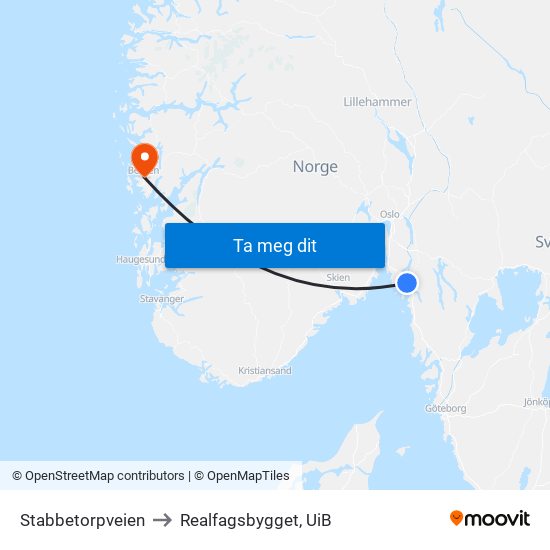 Stabbetorpveien to Realfagsbygget, UiB map