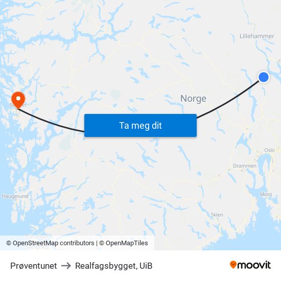 Prøventunet to Realfagsbygget, UiB map