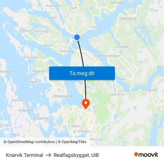 Knarvik Terminal to Realfagsbygget, UiB map