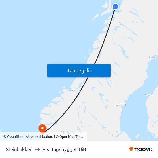 Steinbakken to Realfagsbygget, UiB map