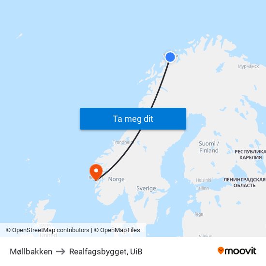 Møllbakken to Realfagsbygget, UiB map