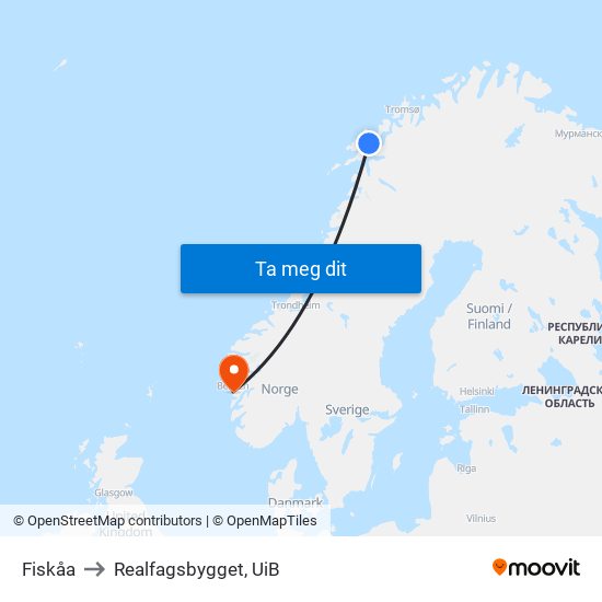 Fiskåa to Realfagsbygget, UiB map