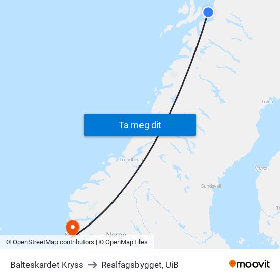 Balteskardet Kryss to Realfagsbygget, UiB map