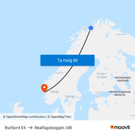 Burfjord E6 to Realfagsbygget, UiB map