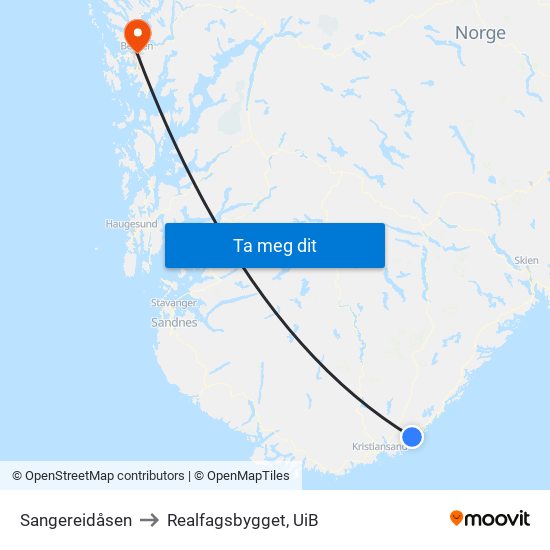 Sangereidåsen to Realfagsbygget, UiB map