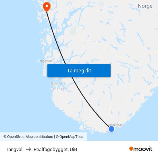 Tangvall to Realfagsbygget, UiB map