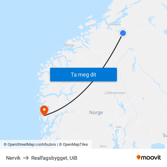 Nervik to Realfagsbygget, UiB map