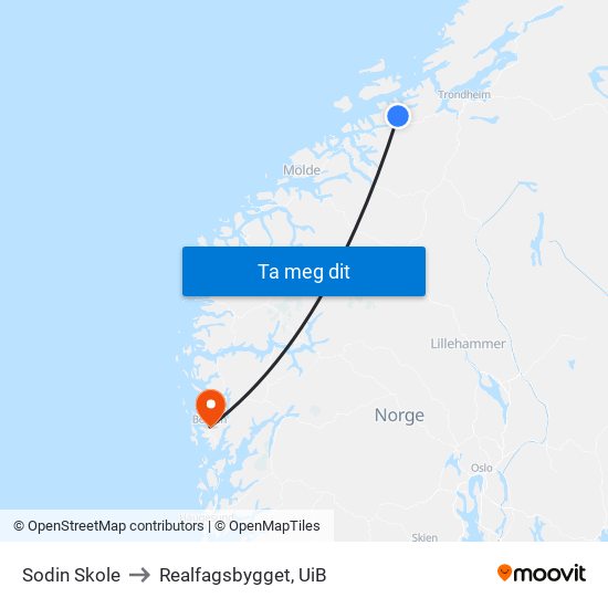 Sodin Skole to Realfagsbygget, UiB map