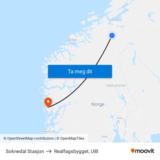 Soknedal Stasjon to Realfagsbygget, UiB map