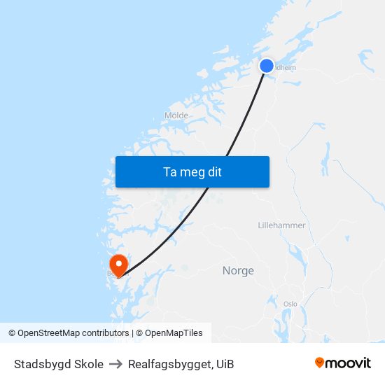 Stadsbygd Skole to Realfagsbygget, UiB map