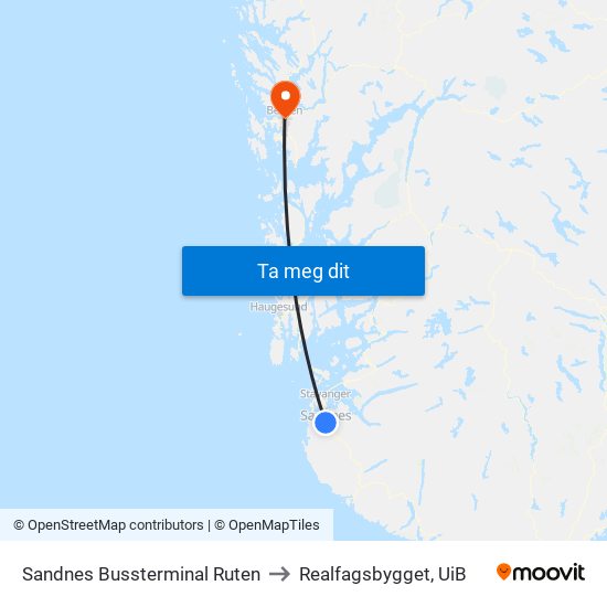 Sandnes Bussterminal Ruten to Realfagsbygget, UiB map
