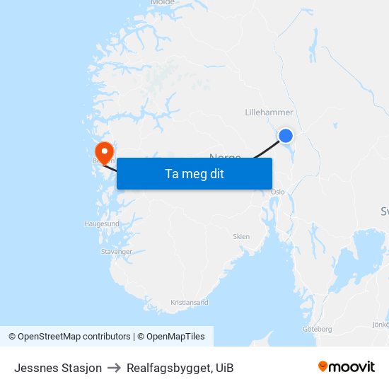 Jessnes Stasjon to Realfagsbygget, UiB map