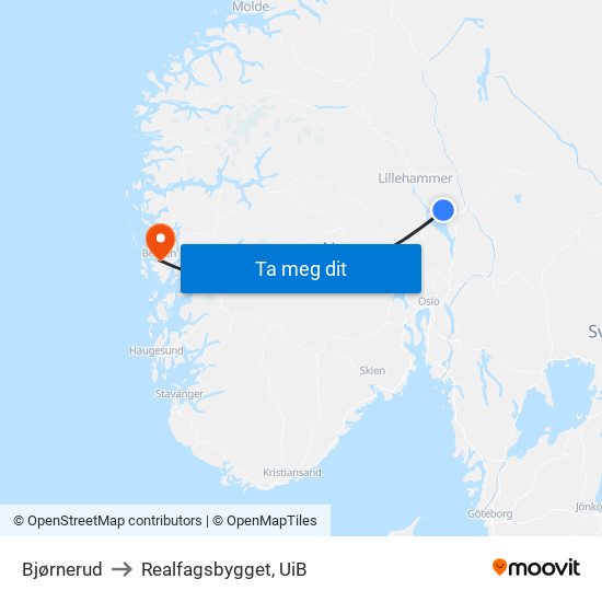 Bjørnerud to Realfagsbygget, UiB map