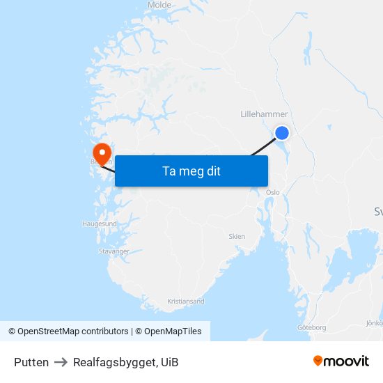 Putten to Realfagsbygget, UiB map