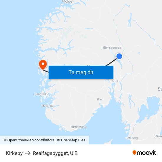 Kirkeby to Realfagsbygget, UiB map