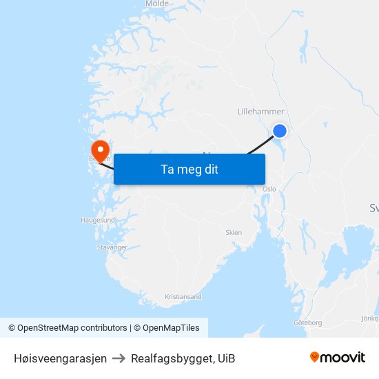 Høisveengarasjen to Realfagsbygget, UiB map