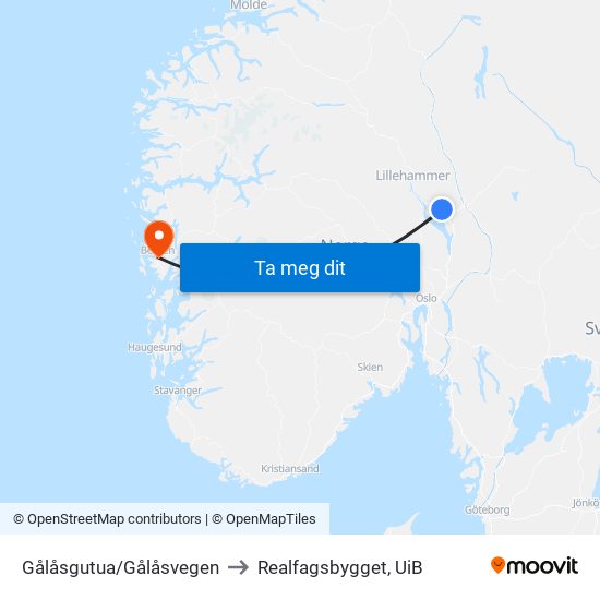 Gålåsgutua/Gålåsvegen to Realfagsbygget, UiB map