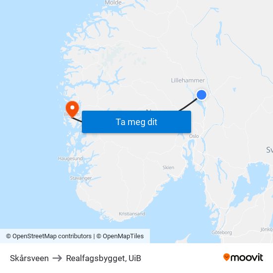 Skårsveen to Realfagsbygget, UiB map