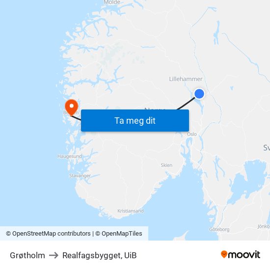 Grøtholm to Realfagsbygget, UiB map