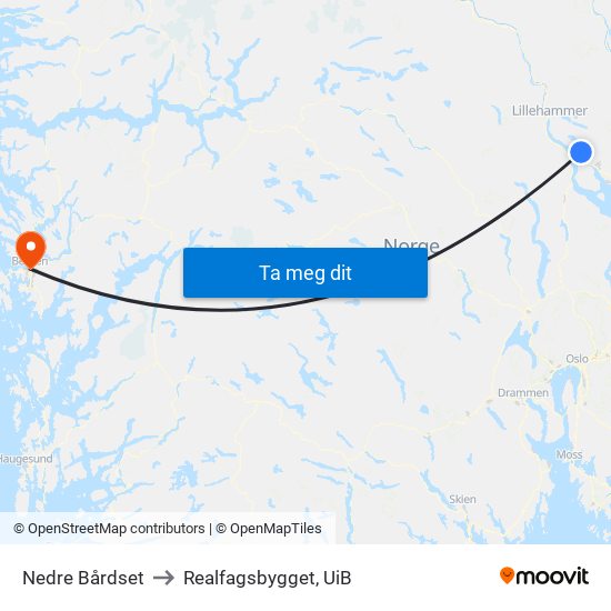 Nedre Bårdset to Realfagsbygget, UiB map