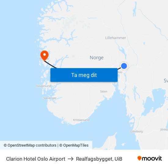 Clarion Hotel Oslo Airport to Realfagsbygget, UiB map