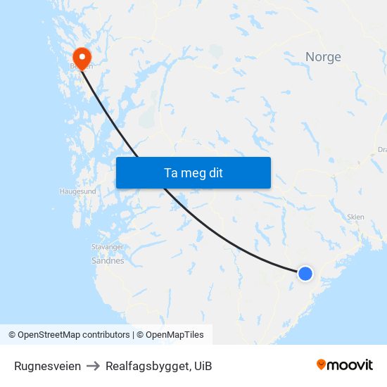 Rugnesveien to Realfagsbygget, UiB map