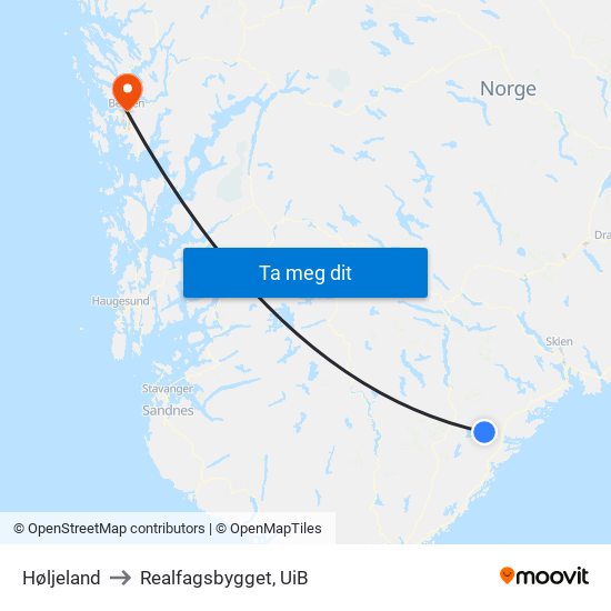 Høljeland to Realfagsbygget, UiB map