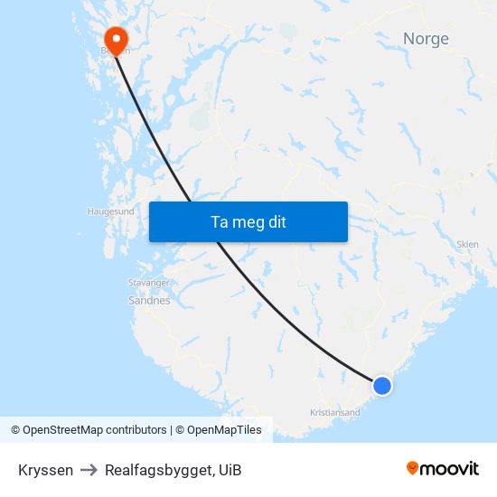 Kryssen to Realfagsbygget, UiB map