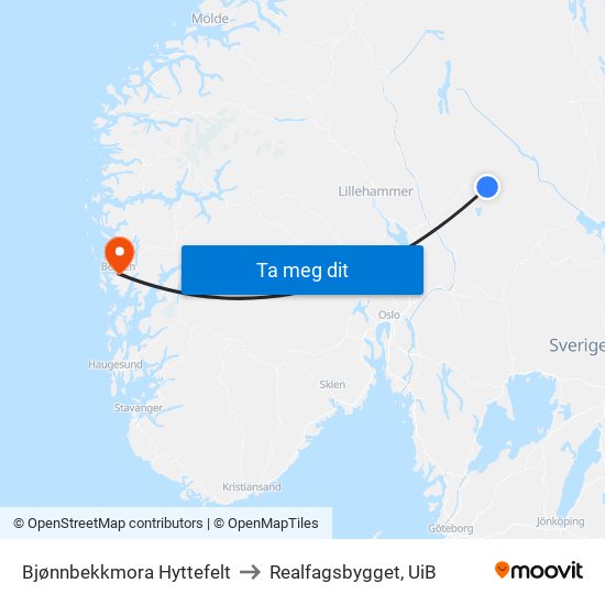 Bjønnbekkmora Hyttefelt to Realfagsbygget, UiB map
