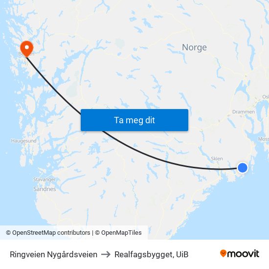 Ringveien Nygårdsveien to Realfagsbygget, UiB map