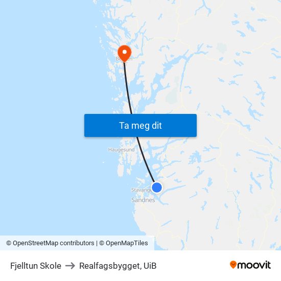 Fjelltun Skole to Realfagsbygget, UiB map