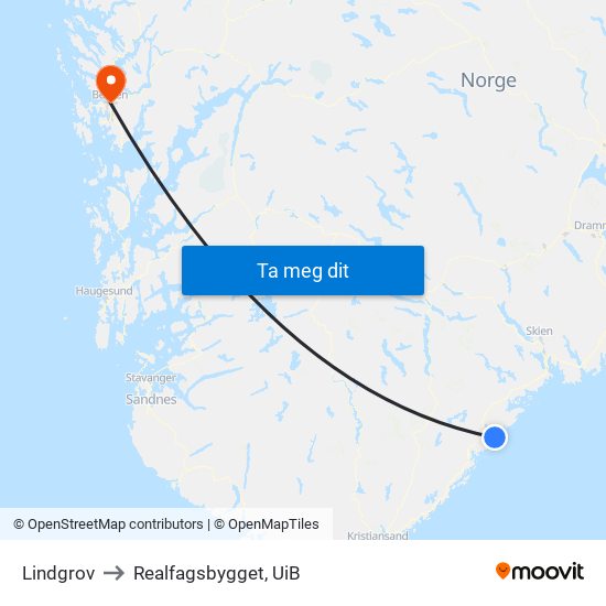 Lindgrov to Realfagsbygget, UiB map