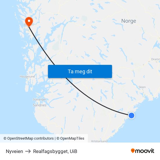 Nyveien to Realfagsbygget, UiB map