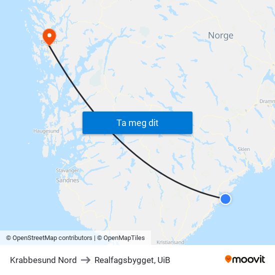 Krabbesund Nord to Realfagsbygget, UiB map