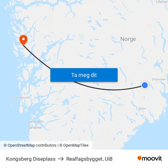 Kongsberg Diseplass to Realfagsbygget, UiB map